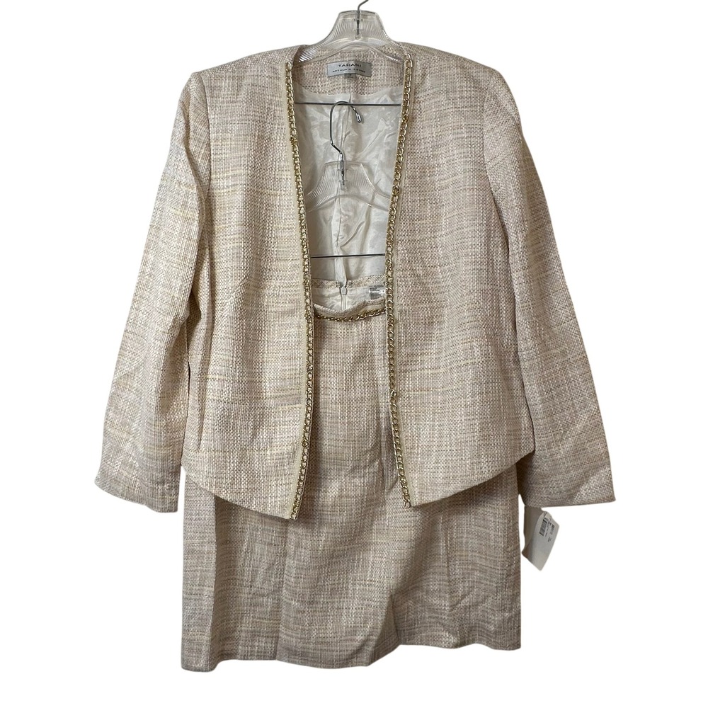 Tahari Arthur S. Levine Pink Ivory Tweed Skirt Suit Set Gold Chain Trim Size 16
